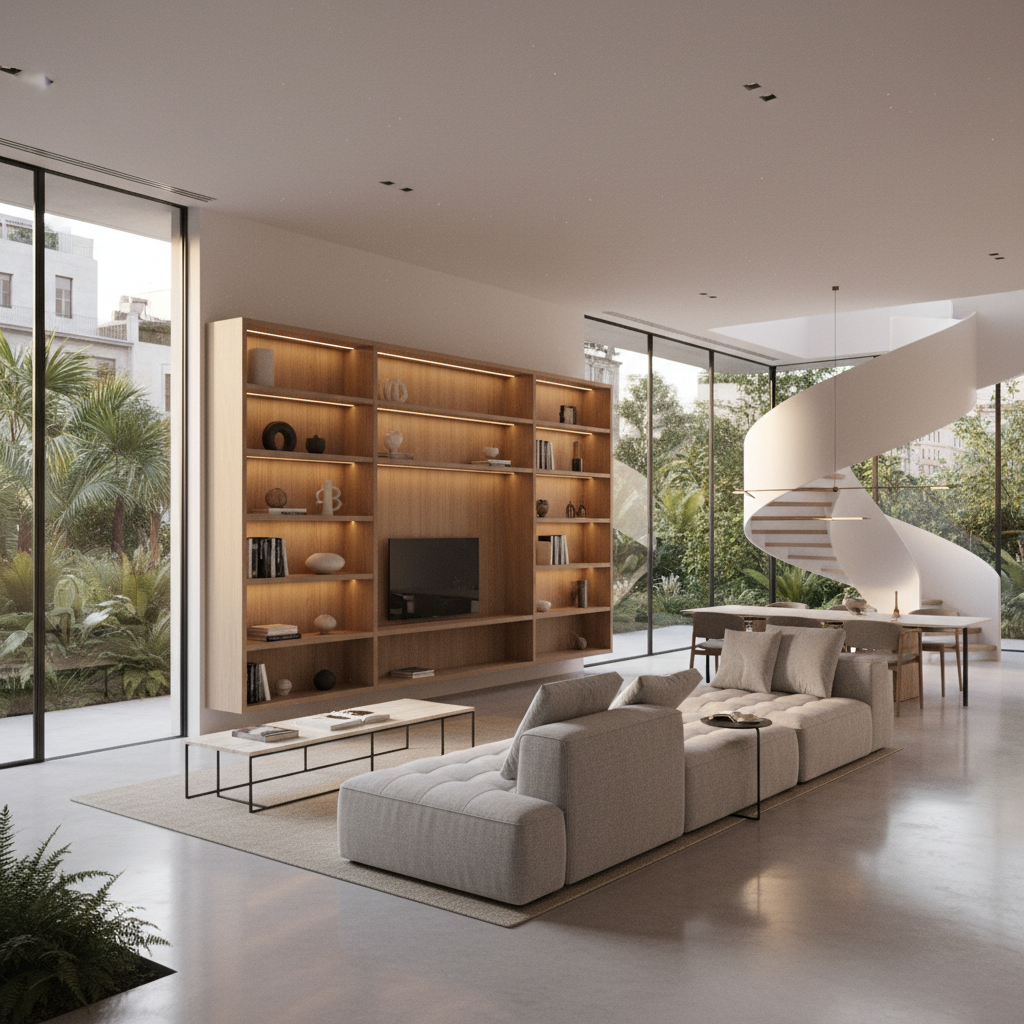 An elegant open-plan living-dining space designed by an architectural firm, with floor-to-ceiling glass framing a lush urban garden terrace. The interior features a low-profile modular sofa in textured light-grey fabric, a thin black steel coffee table with a honed travertine top, and a bespoke wall-mounted oak shelving system with integrated LED strips. A sculptural staircase in white steel and light wood rises in the background. Late afternoon natural light floods the room, creating soft reflections on the polished concrete floor and gentle shadows under the furniture. Shot in photographic realism from a slightly elevated corner perspective, wide but uncluttered, with balanced composition and sharp detail, evoking a sophisticated, serene, and future-forward residential environment.
