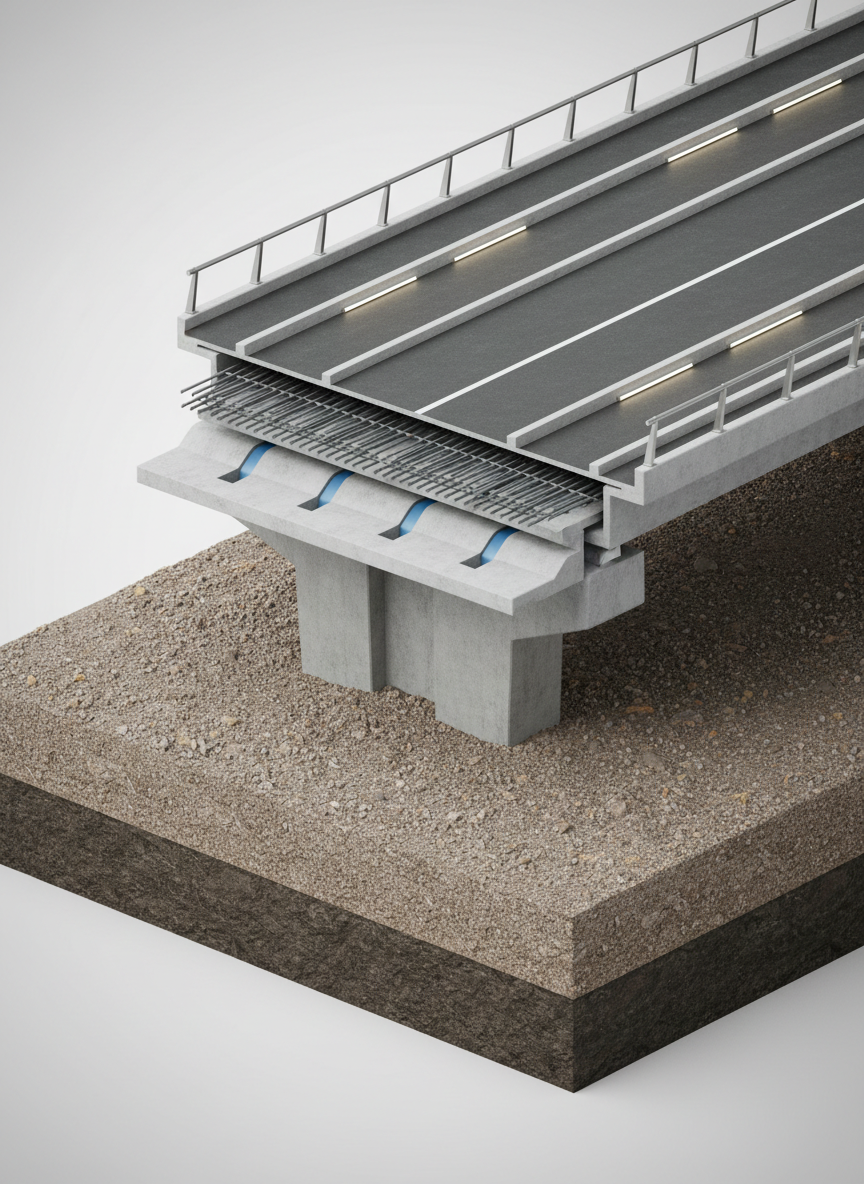 A high-precision civil engineering visualization of a partially cutaway urban overpass, revealing the layered structure of reinforced concrete, steel rebar grids, and drainage channels. The bridge deck shows meticulously detailed expansion joints, guardrails in brushed galvanized steel, and integrated LED roadway lighting. Beneath, concrete piers anchor into a cross-section of soil strata, illustrated with varying textures of gravel, compacted fill, and bedrock. The environment is a clean, neutral backdrop with a subtle gradient, allowing the structure to stand out. Soft studio lighting with balanced highlights and minimal shadows emphasizes the materials and geometry. Captured in photographic realism with a three-quarter axonometric-style angle, sharp focus and crisp edges, the mood is technical, precise, and educational, reflecting the engineering rigor behind FiveDest’s infrastructure projects.