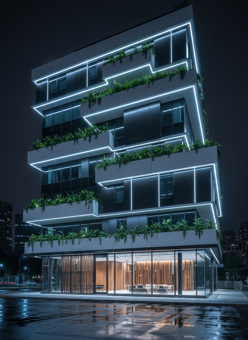A striking nighttime exterior of a contemporary mixed-use building designed by an architectural and civil engineering firm, featuring a clean composition of stacked rectangular volumes in white concrete, dark metal cladding, and clear glass. Recessed balconies with integrated planters bring greenery into the façade, while horizontal LED strips outline each slab, giving the structure a futuristic yet restrained presence. At street level, a double-height lobby with transparent glass reveals a warm, wood-lined interior. Subtle reflections shimmer on the wet pavement, suggesting a recent light rain. The scene is lit by cool ambient city light and carefully placed architectural spotlights, creating dramatic contrasts and crisp shadows. Photographic realism with a slightly low-angle perspective and wide lens, emphasizing structure, stability, and a sophisticated, forward-looking urban identity.
