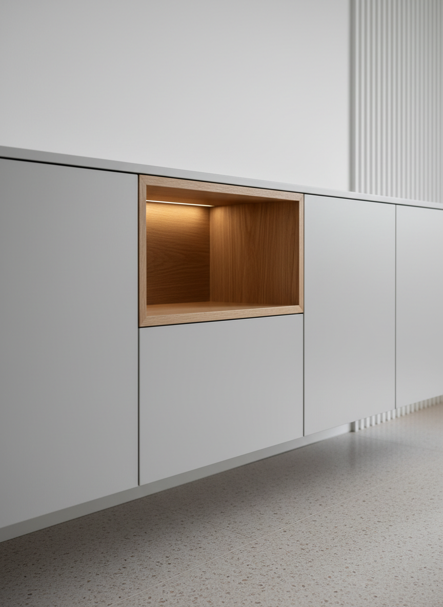 A detailed close-up of custom architectural furniture: a sophisticated built-in sideboard seamlessly integrated into a white wall. The sideboard features push-to-open fronts in matte dove-grey lacquer and a central niche lined with natural oak veneer, softly illuminated by a concealed LED strip that washes light down the back panel. On the honed terrazzo floor below, the shadow line of the floating cabinet is crisp and precise. The background is intentionally minimal, with only a hint of an adjacent vertical ribbed plaster wall. Natural daylight from an unseen window skims across the surfaces, emphasizing subtle textures and perfect alignments. Photographic realism with a shallow depth of field keeps the front edges in sharp focus while the rear wall gently blurs, creating an intimate, refined, and highly crafted atmosphere that underscores precision in joinery and furniture design.