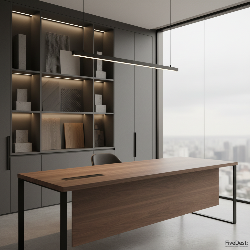 A refined executive office interior designed for a contemporary corporate client, featuring a custom-built L-shaped desk in matte walnut with a seamless integrated cable channel and a thin floating black metal leg. Behind the desk, a full-height built-in storage wall combines closed cabinets with handle-less fronts and open niches illuminated by warm linear LEDs, displaying architectural materials like concrete samples, metal mesh, and wood veneers. A large frameless glass partition reveals a blurred city skyline beyond. Soft overcast daylight filters through, complemented by a linear pendant with diffused warm light above the desk, producing gentle, controlled shadows. Captured in photographic realism at eye level with a slight three-quarter angle, sharp focus and clean lines, the mood is composed, professional, and subtly luxurious, highlighting FiveDest’s expertise in bespoke workplace environments.