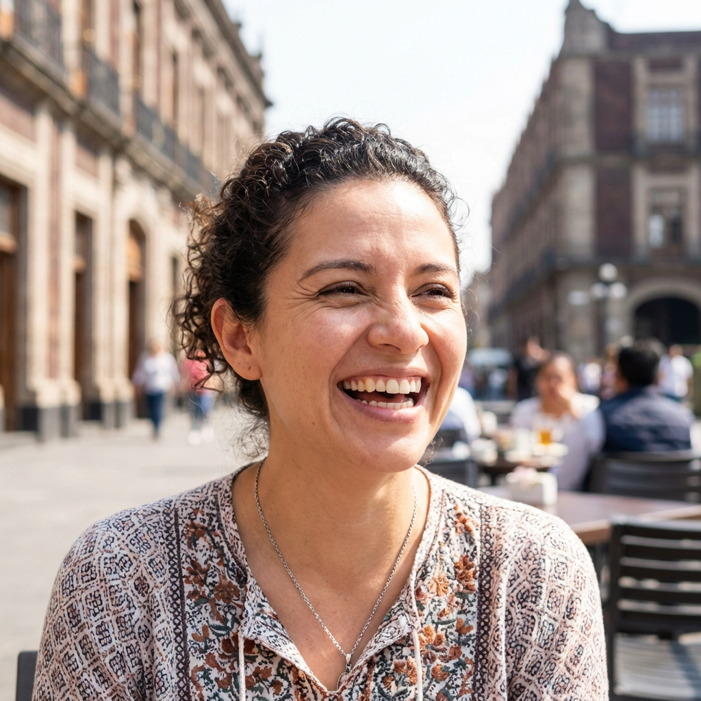 A woman with curly hair laughing heartily while sitting at an outdoor city cafe.