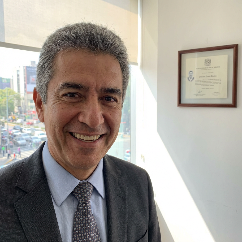 Smiling man in a suit in an office with a diploma for Javier Leon Monica