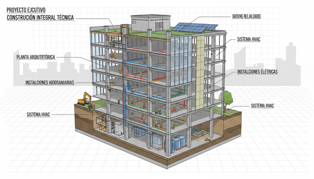 Architectural diagram showing PROYECTO EJCUTIVO CONSTRUCCIÓN INTEGRAL TÉCNICA, PLANTA ARQIUTRTRÓRICA, INSTALCIONES HIDOSANIARIAS, SISTEMA HVAC, BIDENE RELALORBE, and INSTALCIONES ÉLÉTRICAS.